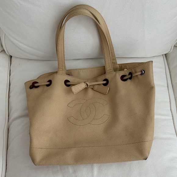 Chanel Beige Deca Coco Caviar Skin Drawstring Tote Bag